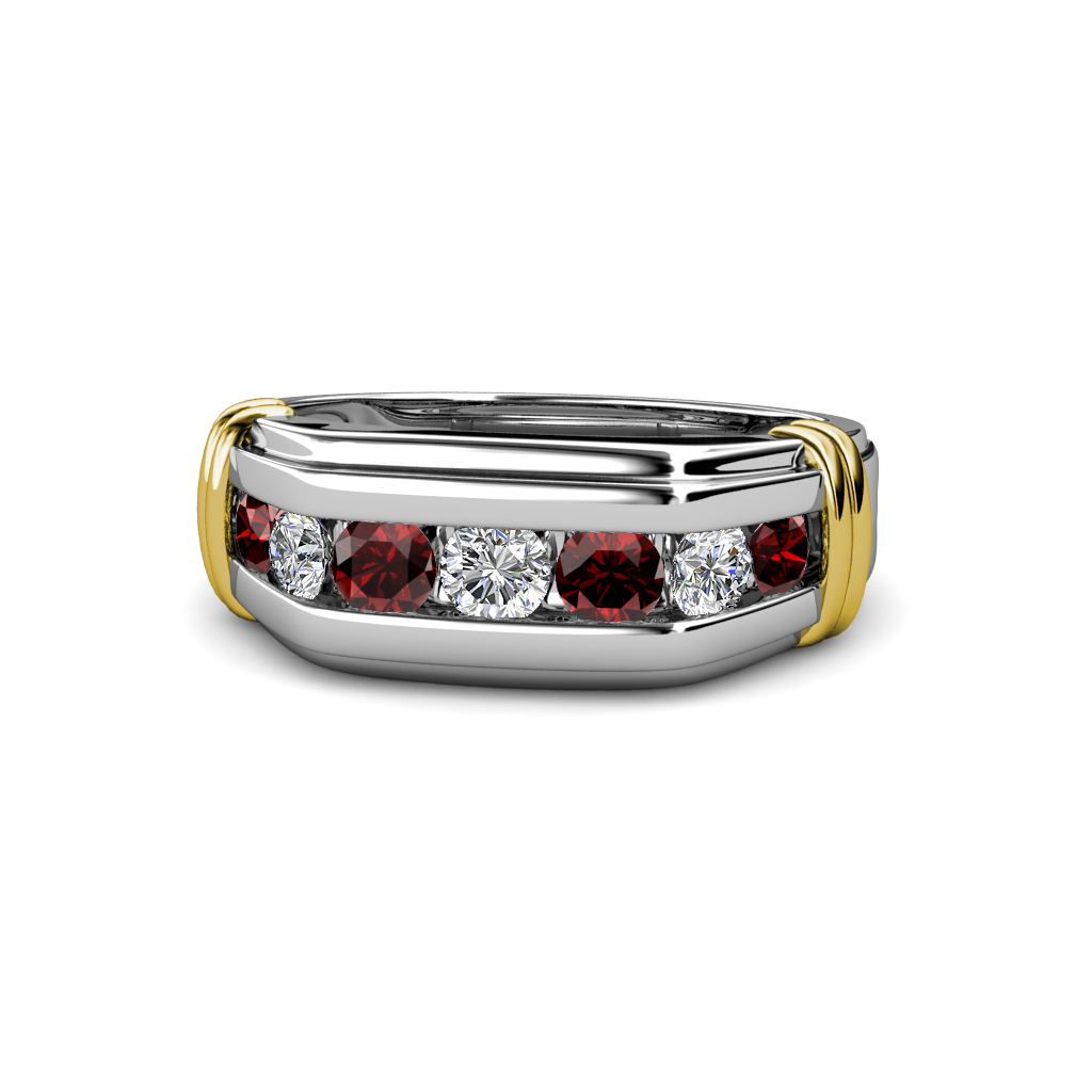 Brad Round Red Garnet and Diamond 7 Stone Men Wedding Ring (8.5 mm) 